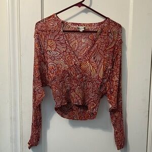 Joie Red and Orange Patterned V-Neck Blouse